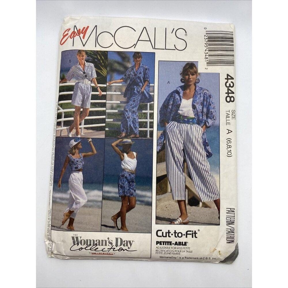 McCall's Sewing Pattern 4348 Misses Shirt Top Pants and Shorts Size 6-8-10 Uncut